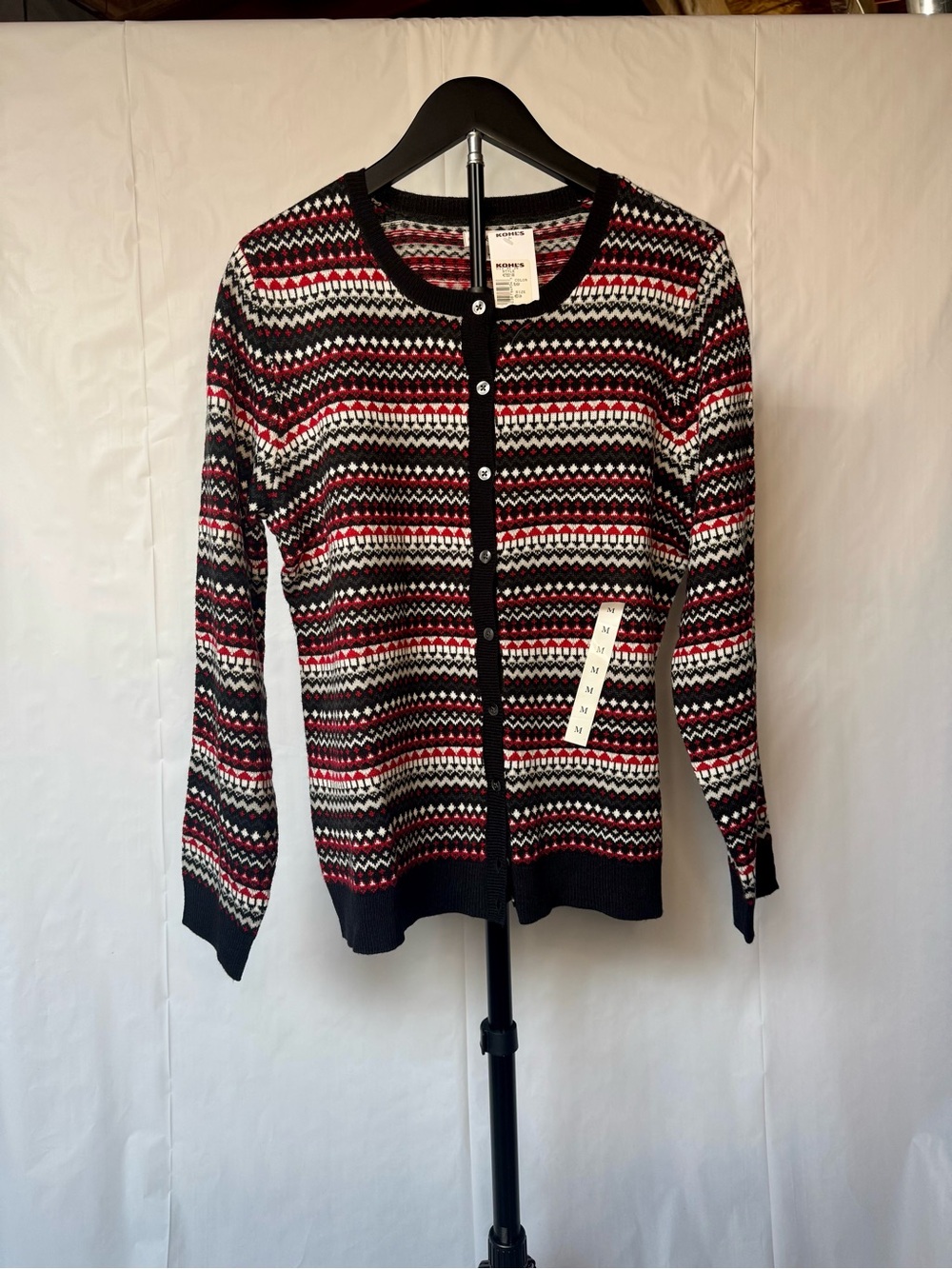 Classic Fair Isle Button-Front Sweater - Black, Red & White